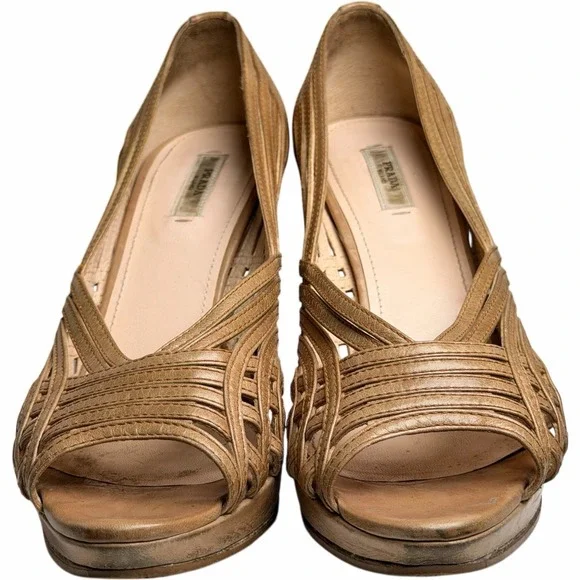 Vintage Prada Woven Leather Peep Toe Heels Size 40.5 - Picture 13 of 14